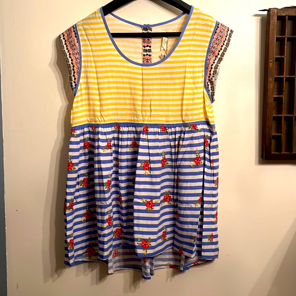 NWT MATILDA JANE Yellow Stripe Blue Stripe Floral Top